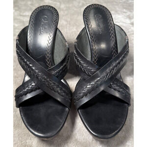 Cole Haan Black Leather Woven Y2K Wood Platform Heels Sandals Womens Size 8.5